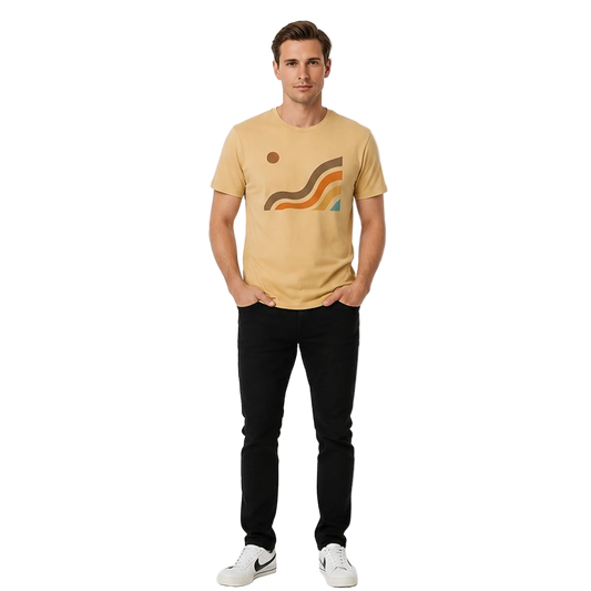NO&YO Canyon Flow Tee in sand featuring modern canyon-inspired artwork on a premium men’s adventure t-shirt, front view.