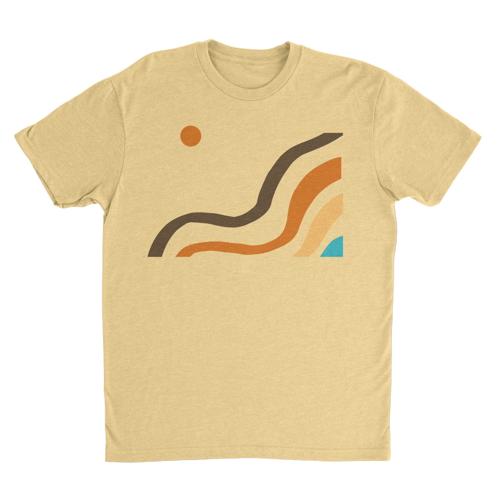 NO&YO Canyon Flow Tee in sand featuring modern canyon-inspired artwork on a premium men’s adventure t-shirt, front view.
