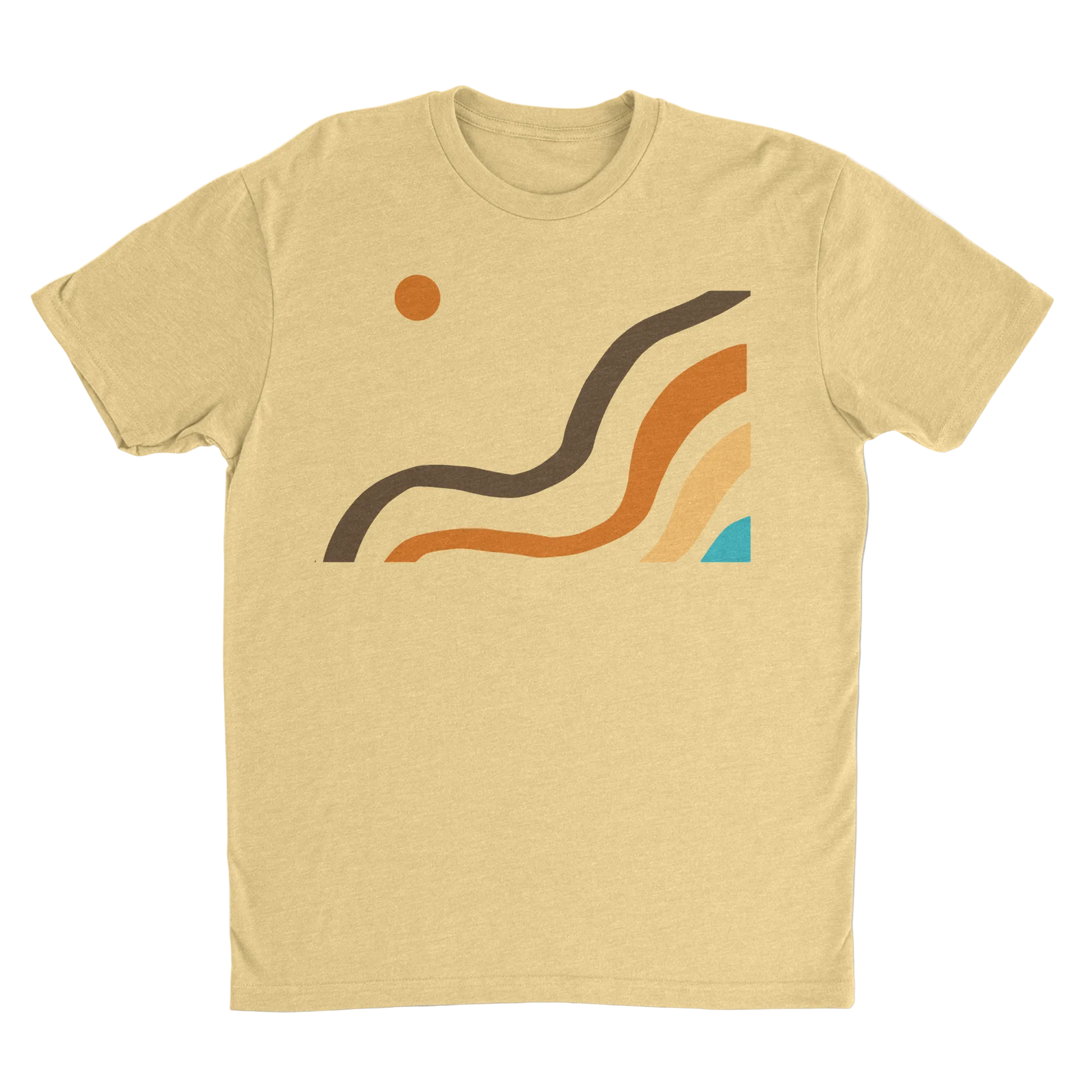 NO&YO Canyon Flow Tee in sand featuring modern canyon-inspired artwork on a premium men’s adventure t-shirt, front view.