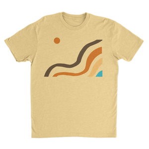 NO&YO Canyon Flow Tee in sand featuring modern canyon-inspired artwork on a premium men’s adventure t-shirt, front view.