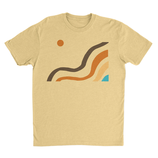 NO&YO Canyon Flow Tee in sand featuring modern canyon-inspired artwork on a premium men’s adventure t-shirt, front view.
