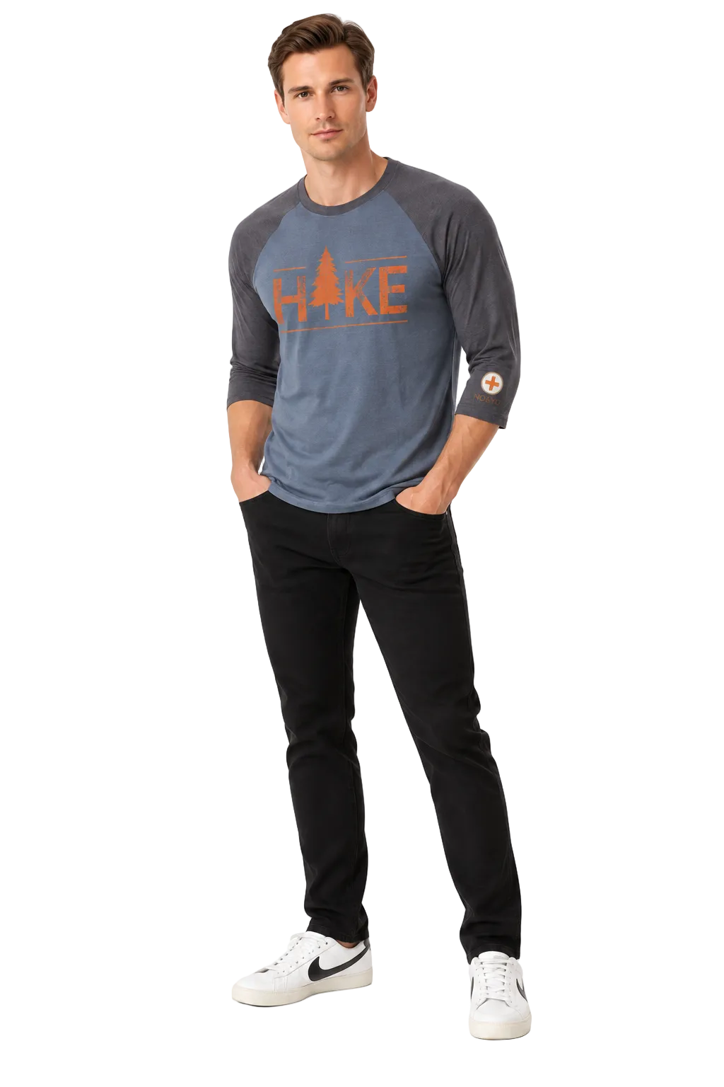 Man wearing NO&YO Hike men's 3/4 sleeve raglan tee front view