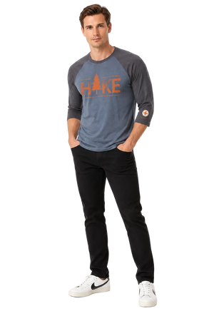 Man wearing NO&YO Hike men's 3/4 sleeve raglan tee front view