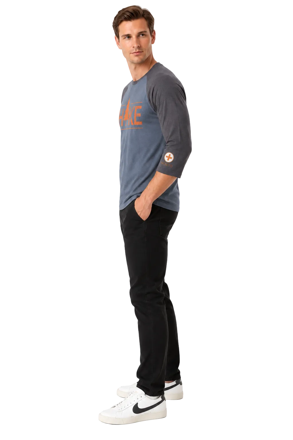 Man wearing NO&YO Hike men's 3/4 sleeve raglan tee side view