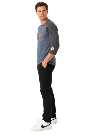 Man wearing NO&YO Hike men's 3/4 sleeve raglan tee side view