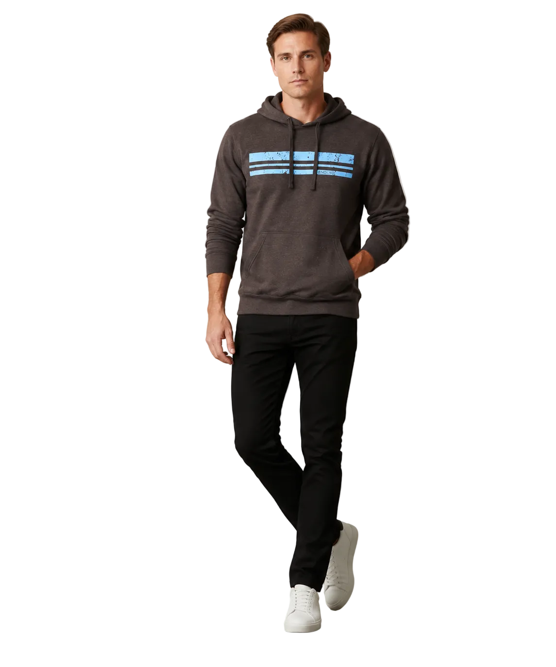 Man wearing NO&YO men's lightweight charcoal hoodie front view