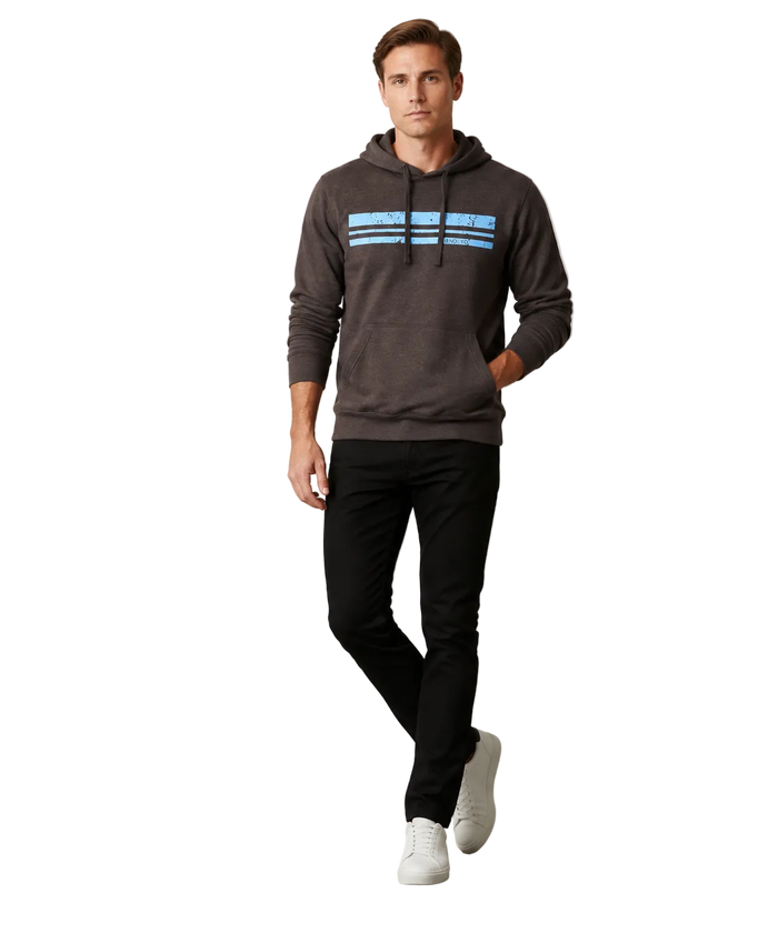 Man wearing NO&YO men's lightweight charcoal hoodie front view