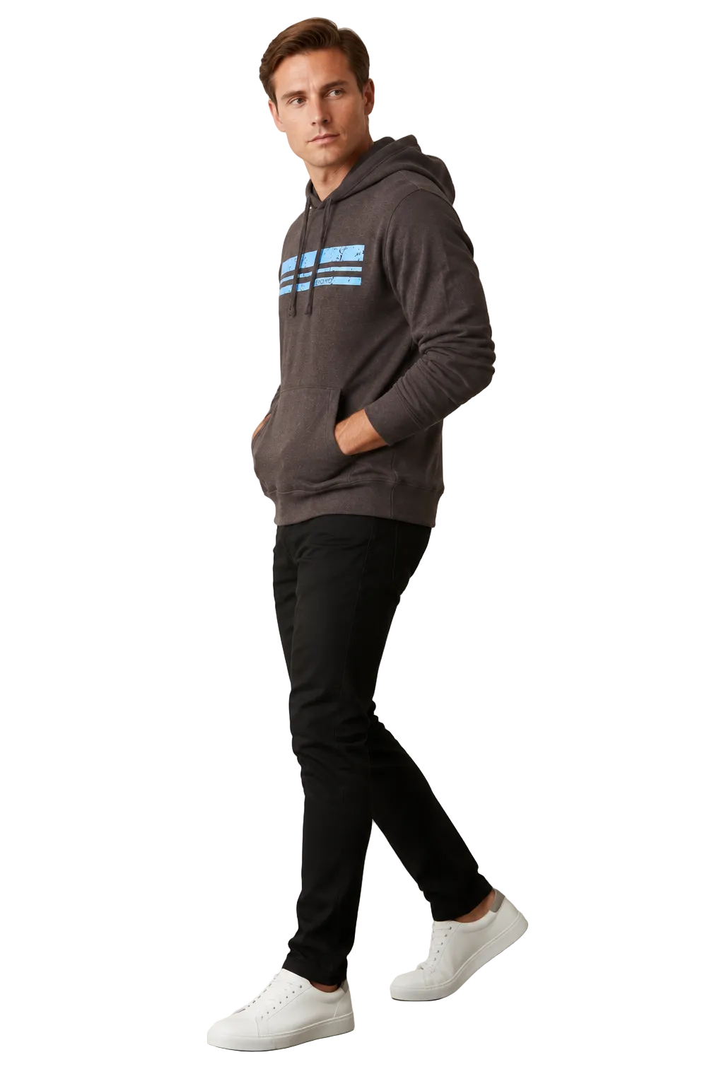 Man wearing NO&YO men's lightweight charcoal hoodie side view
