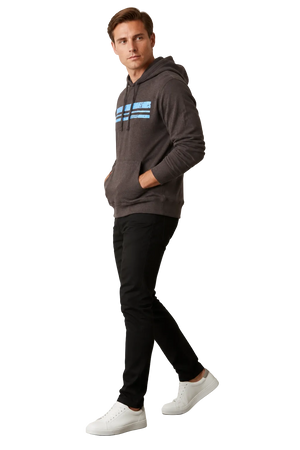 Man wearing NO&YO men's lightweight charcoal hoodie side view