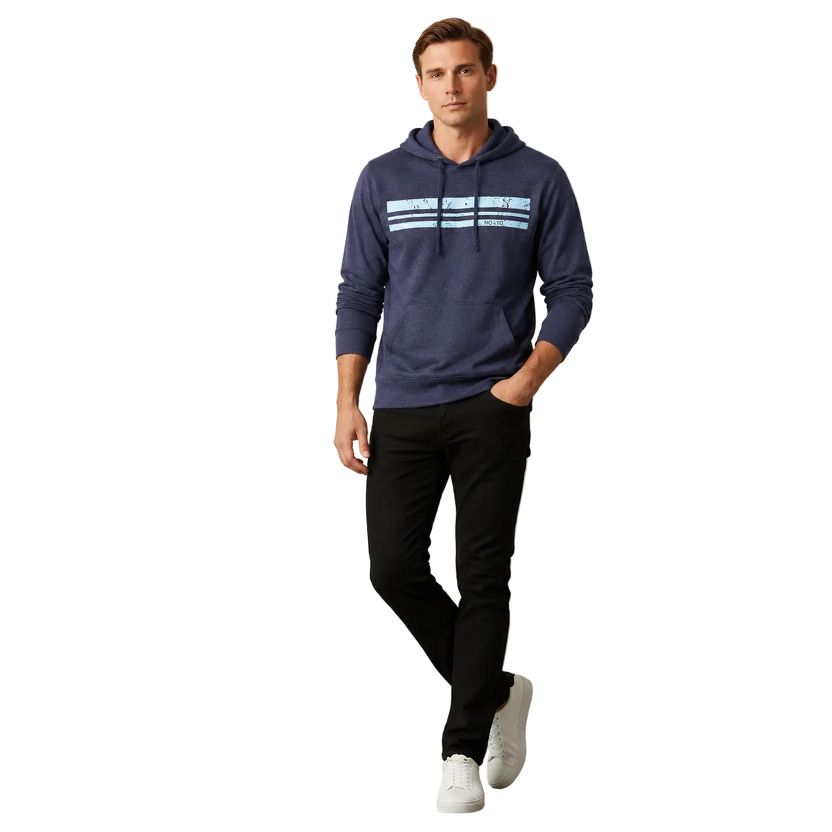 Man wearing NO&YO men's lightweight navy hoodie front view