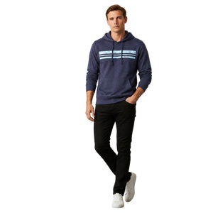 Man wearing NO&YO men's lightweight navy hoodie front view