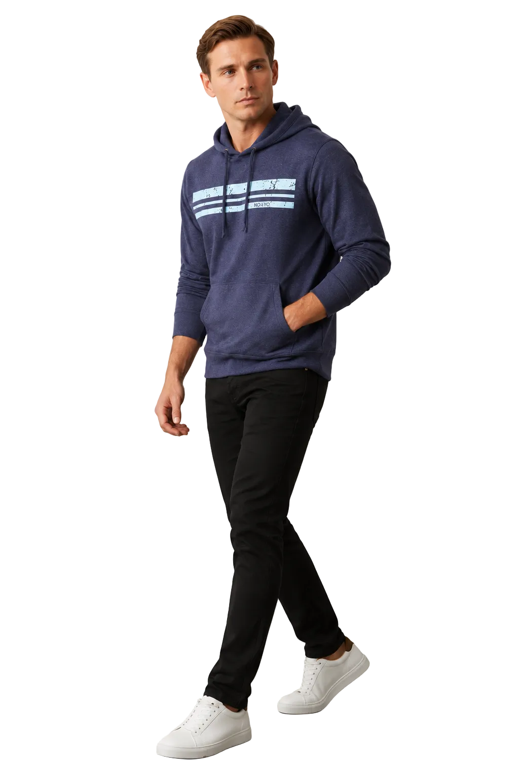Man wearing NO&YO men's lightweight navy hoodie side view