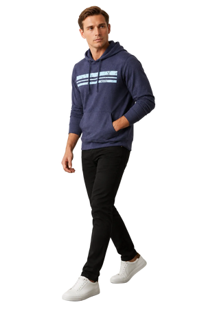 Man wearing NO&YO men's lightweight navy hoodie side view