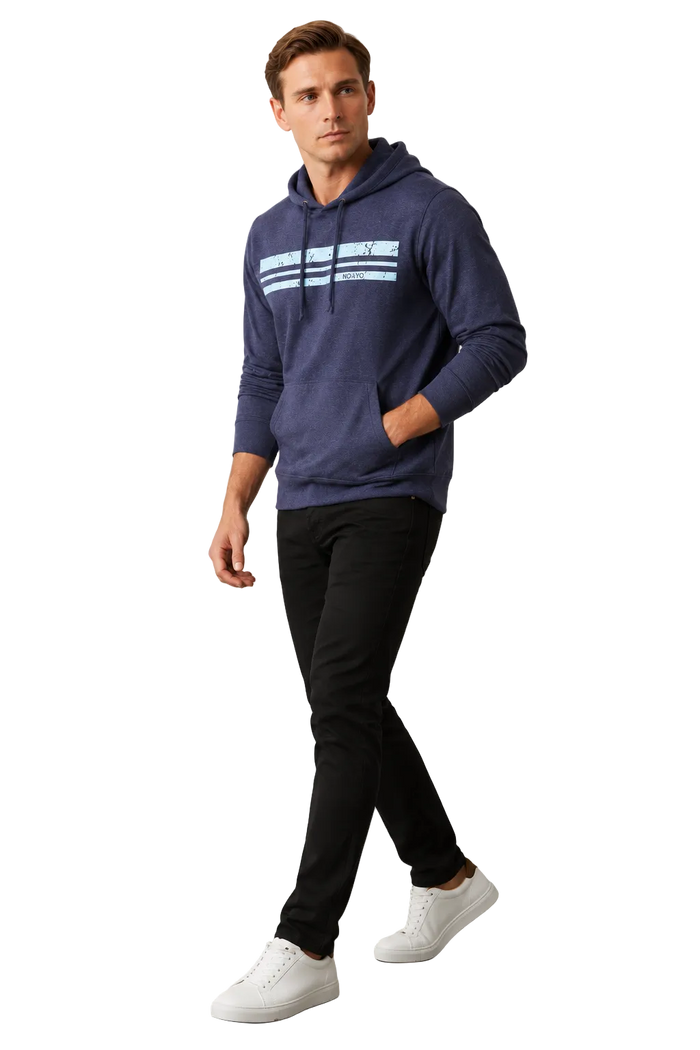 Man wearing NO&YO men's lightweight navy hoodie side view