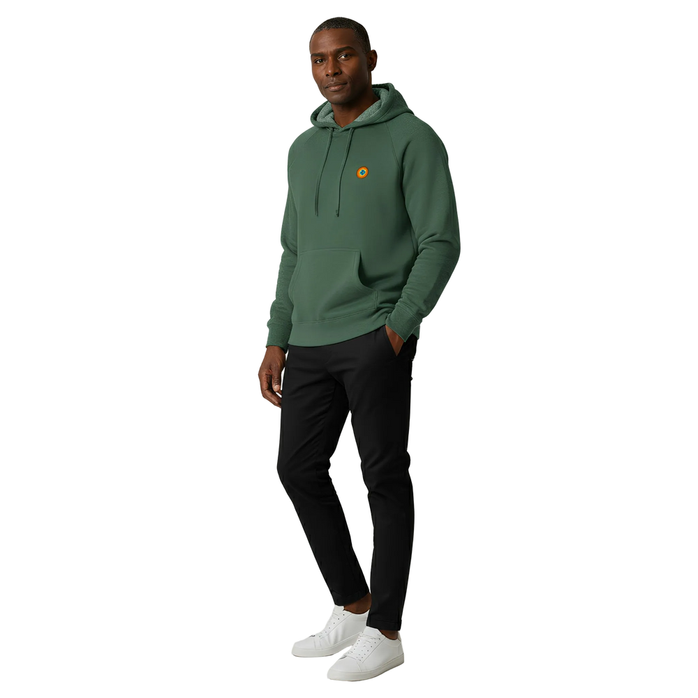 Man wearing a green hoodie with a logo on a white background