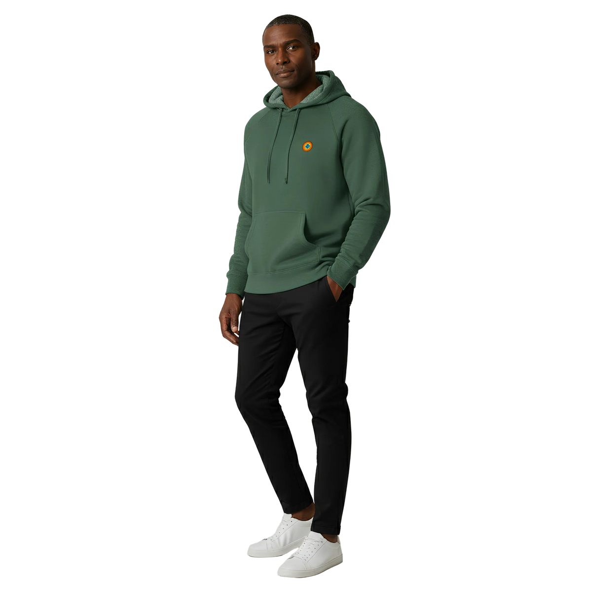 Man wearing a green hoodie with a logo on a white background
