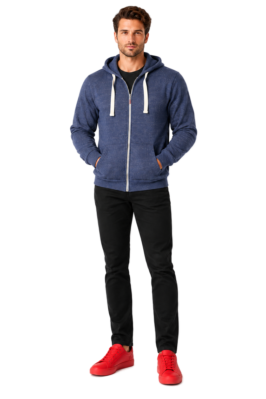 Man wearing NO&YO men's navy tri-blend zip hoodie front view