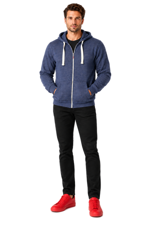 Man wearing NO&YO men's navy tri-blend zip hoodie front view