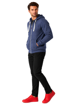 Man wearing NO&YO men's navy tri-blend zip hoodie side view