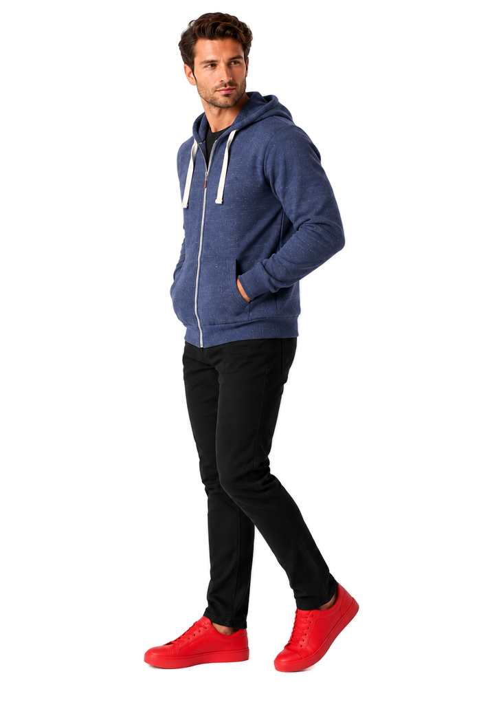 Man wearing NO&YO men's navy tri-blend zip hoodie side view
