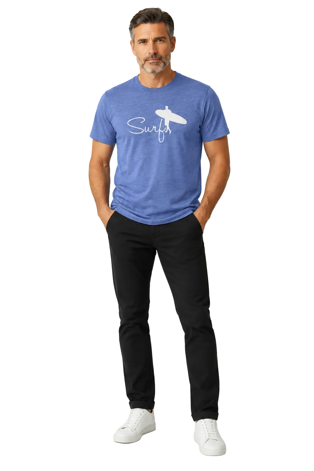 Man wearing NO&YO men's blue Surf graphic tee front view