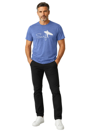 Man wearing NO&YO men's blue Surf graphic tee front view