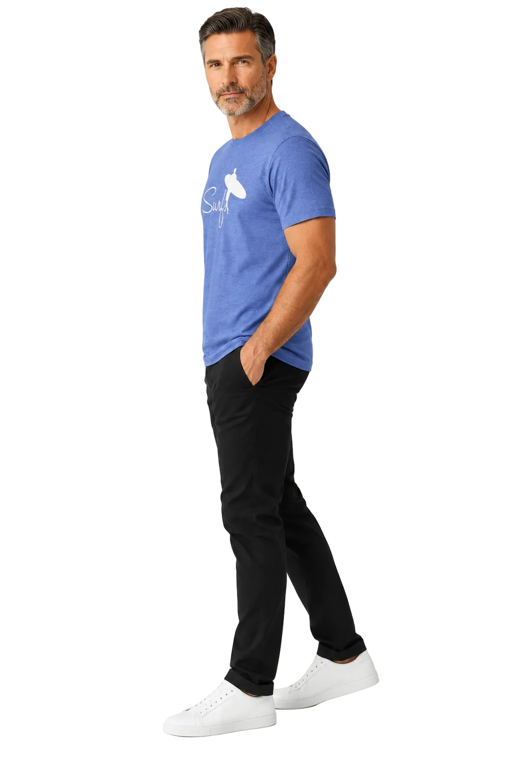 Man wearing NO&YO men's blue Surf graphic tee side view