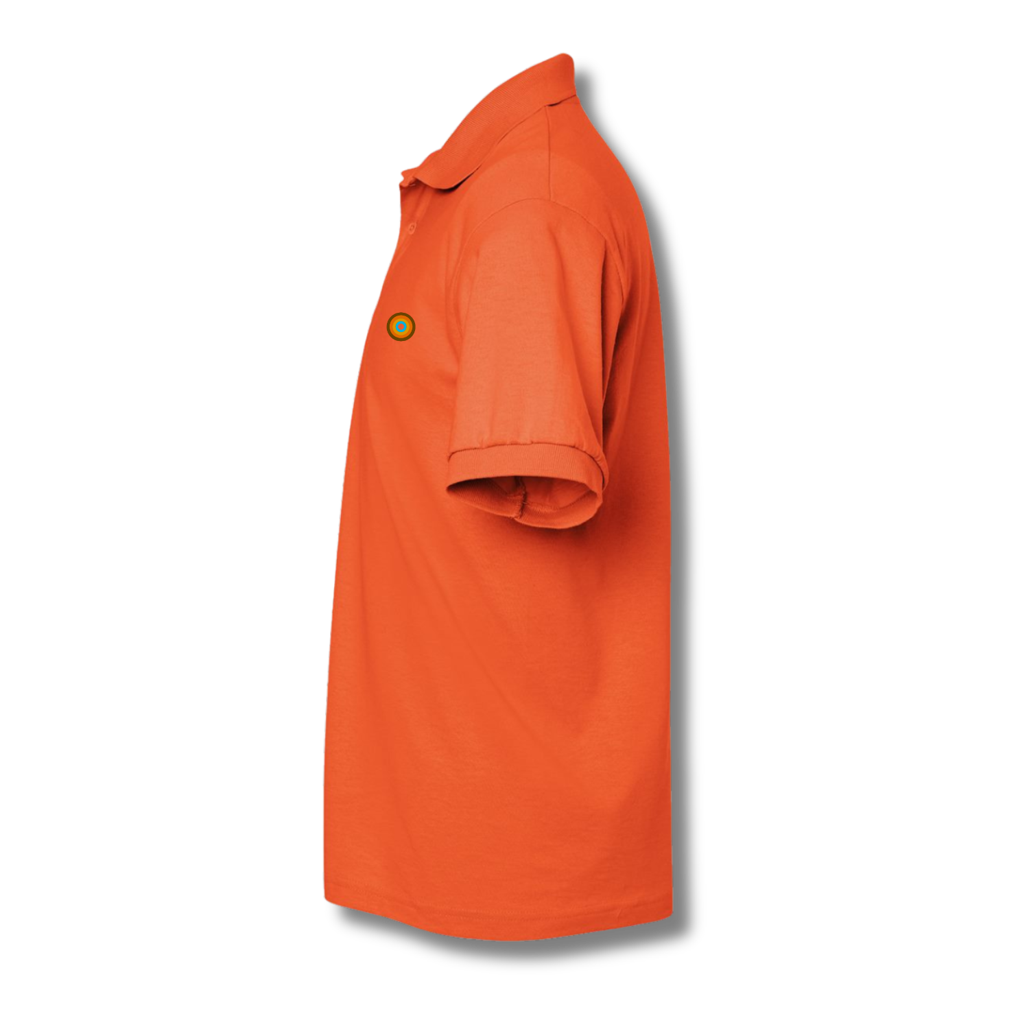 Side profile of NO&YO orange polo shirt, showcasing short sleeves and tailored fit in premium cotton.
