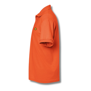 Side profile of NO&YO orange polo shirt, showcasing short sleeves and tailored fit in premium cotton.