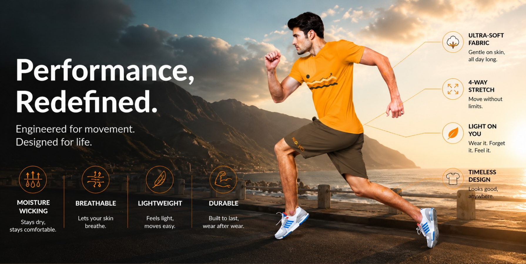 Runner wearing a NO&YO premium outdoor performance t-shirt against a dramatic coastal mountain landscape at golden hour, highlighting comfort, mobility, and adventure-ready style.