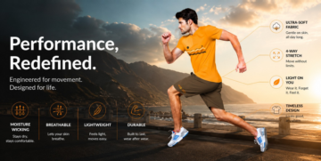 NO&YO performance apparel banner featuring an athletic runner on a coastal road at sunset, highlighting lightweight comfort, breathability, and durability.