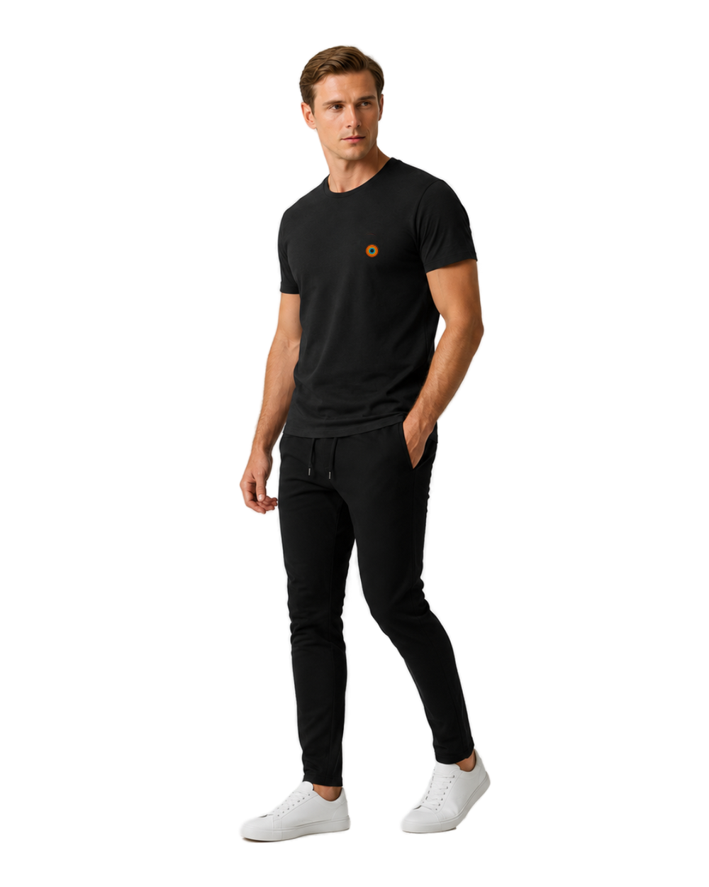 NO&YO men’s Basecamp Black embroidered badge t-shirt, angled studio model wearing premium modern explorer apparel.