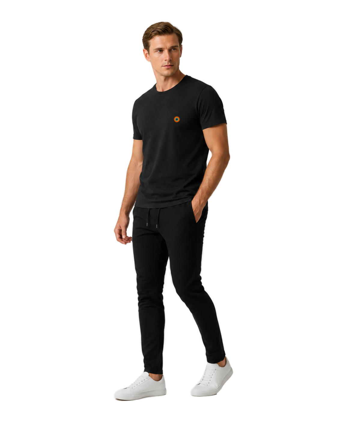 NO&YO men’s Basecamp Black embroidered badge t-shirt, angled studio model wearing premium modern explorer apparel.