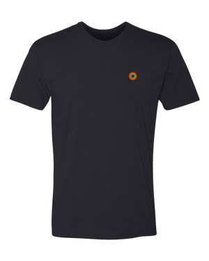 Basecamp Black premium t-shirt featuring embroidered NO&YO sunset badge logo on chest.
