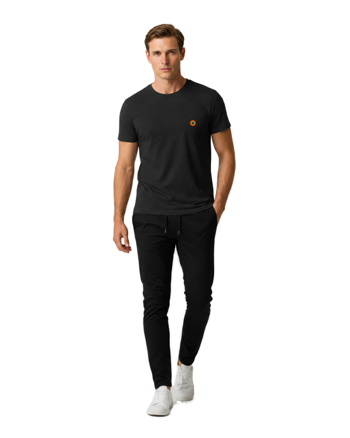 NO&YO men’s Basecamp Black premium t-shirt with embroidered sunset badge logo, front-facing studio model for modern explorer apparel.