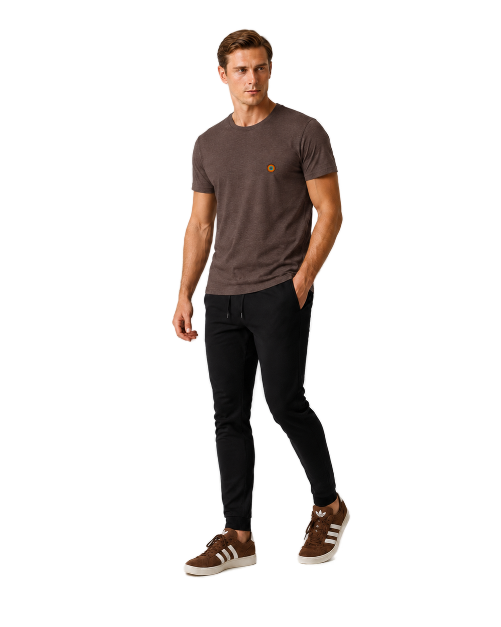 NO&YO men’s Dark Roast premium t-shirt with embroidered sunset badge logo, angled studio lifestyle model view.