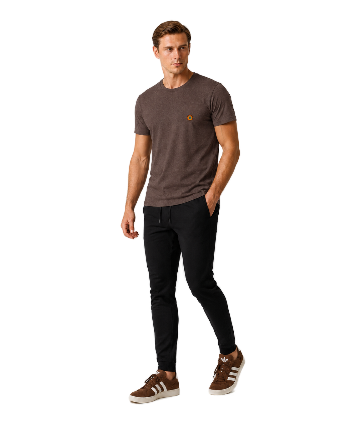 NO&YO men’s Dark Roast premium t-shirt with embroidered sunset badge logo, angled studio lifestyle model view.