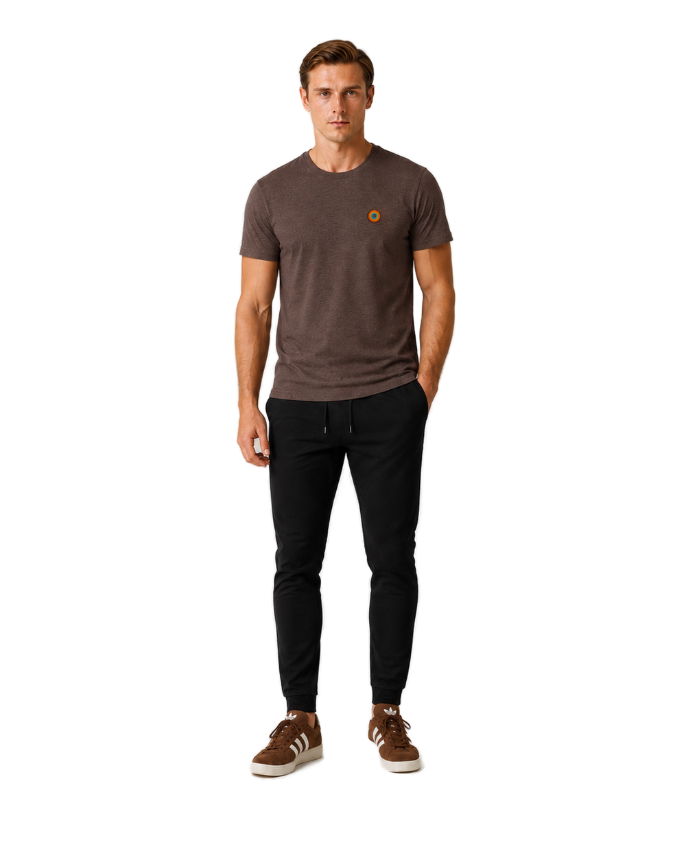 NO&YO men’s premium Dark Roast t-shirt featuring embroidered sunset badge logo on chest, front-facing studio model wearing brown Adidas sneakers.