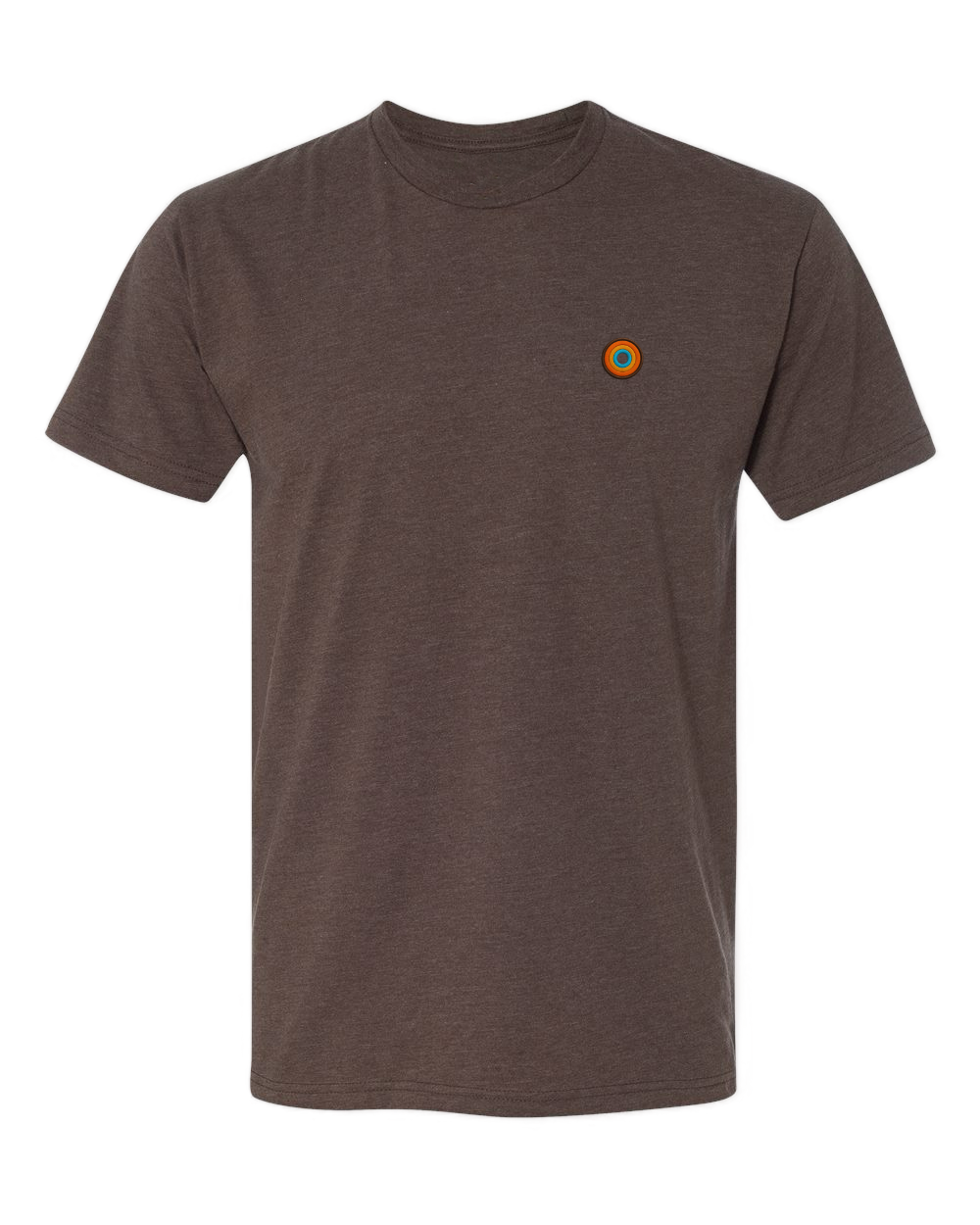Dark Roast premium t-shirt with embroidered NO&YO sunset badge logo on chest.