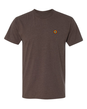 Dark Roast premium t-shirt with embroidered NO&YO sunset badge logo on chest.