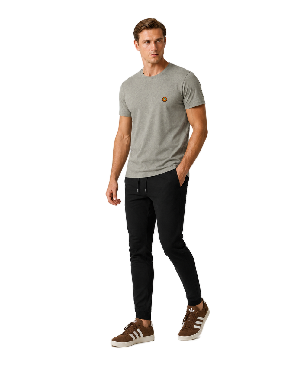 NO&YO men’s Heather Stone embroidered badge t-shirt, angled studio lifestyle model showcasing premium minimalist design.
