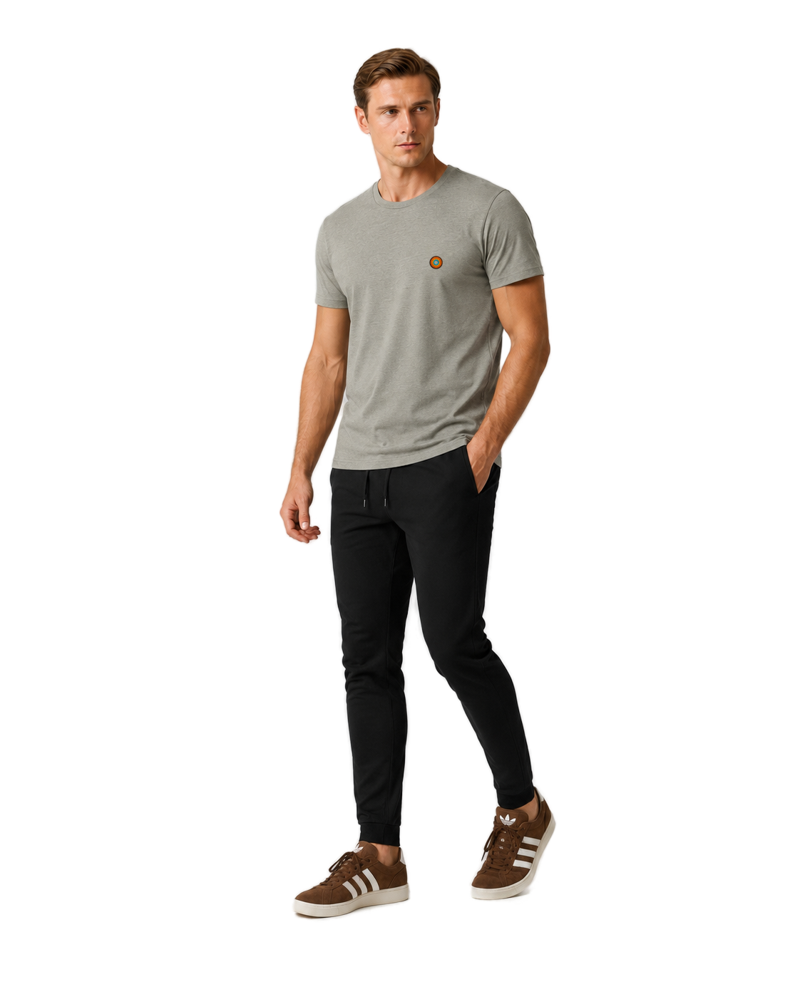 NO&YO men’s Heather Stone embroidered badge t-shirt, angled studio lifestyle model showcasing premium minimalist design.