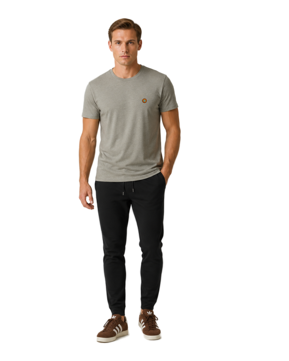 NO&YO men’s Heather Stone premium t-shirt featuring embroidered sunset badge logo, front-facing studio model.