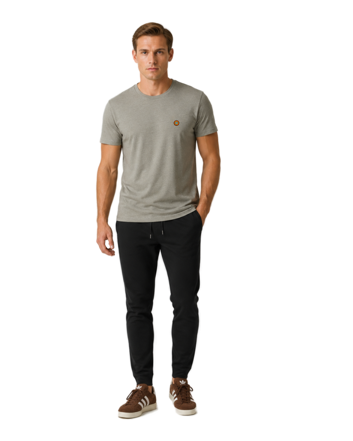 NO&YO men’s Heather Stone premium t-shirt featuring embroidered sunset badge logo, front-facing studio model.