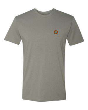 Heather Stone premium t-shirt with embroidered NO&YO sunset badge logo on chest.