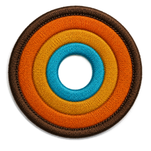 NO&YO embroidered sunset badge logo featuring concentric adventure-inspired rings in brown, orange, gold, and blue.