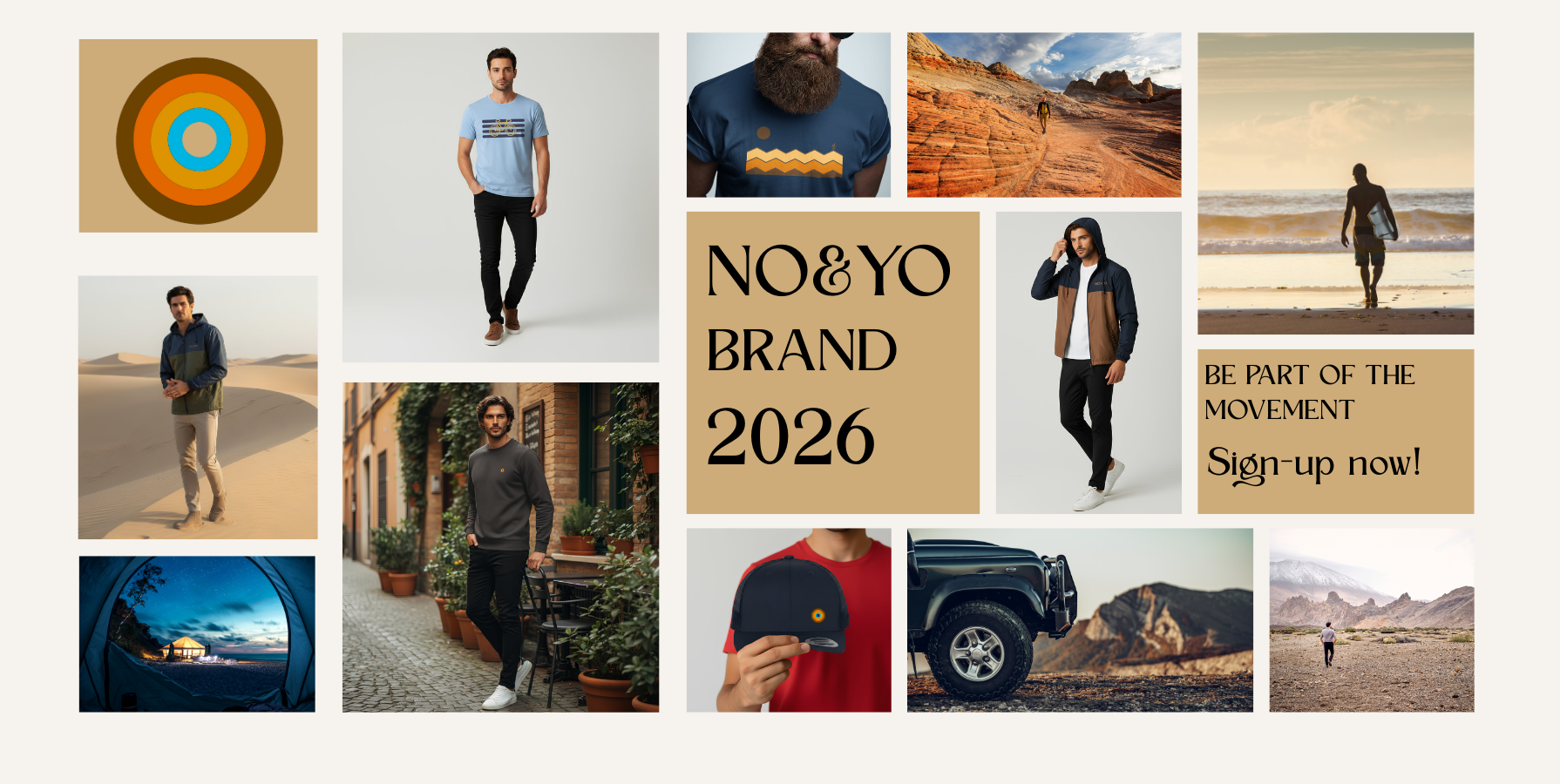 “NO&YO Brand 2026 hero collage showcasing luxury adventure apparel, travel landscapes, and modern outdoor lifestyle.”