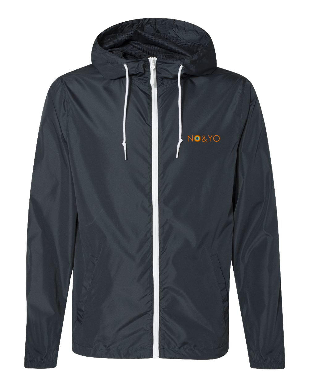 “NO&YO classic navy lightweight windbreaker featuring a hood, white zipper, and minimalist logo for versatile adventure wear.”