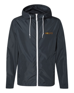 “NO&YO classic navy lightweight windbreaker featuring a hood, white zipper, and minimalist logo for versatile adventure wear.”