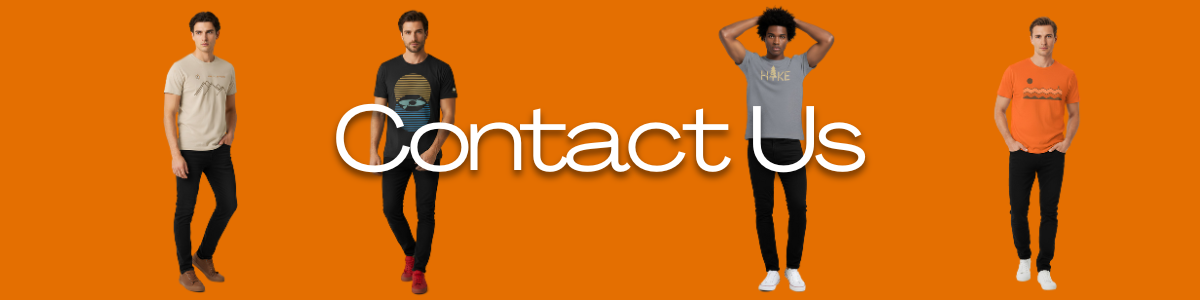 NO&YO Contact Us banner featuring four male models wearing luxury adventure graphic t-shirts against a bold orange background.”